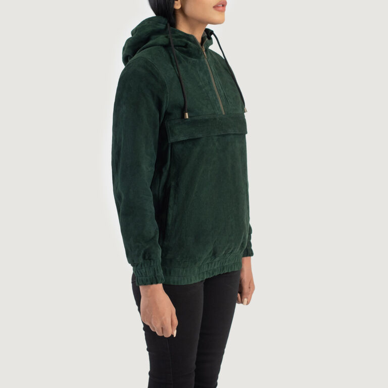 Womens Zest Green Hooded Suede Pullover Jacket Side Pose-3-1686937524899
